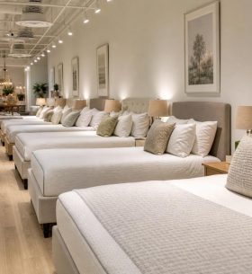 Mattress store Gainesville showroom mattress store Gainesville showroom with made-up beds lined up for shoppers to try