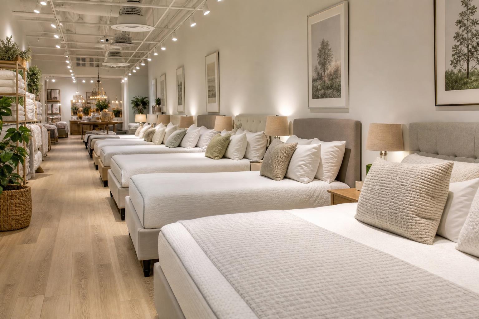 mattress store Gainesville showroom with made-up beds lined up for shoppers to try